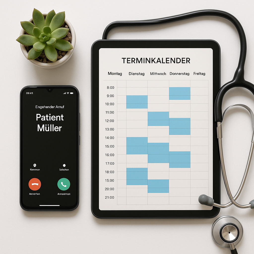Smartphone mit Patientenanruf neben Tablet mit Terminkalender